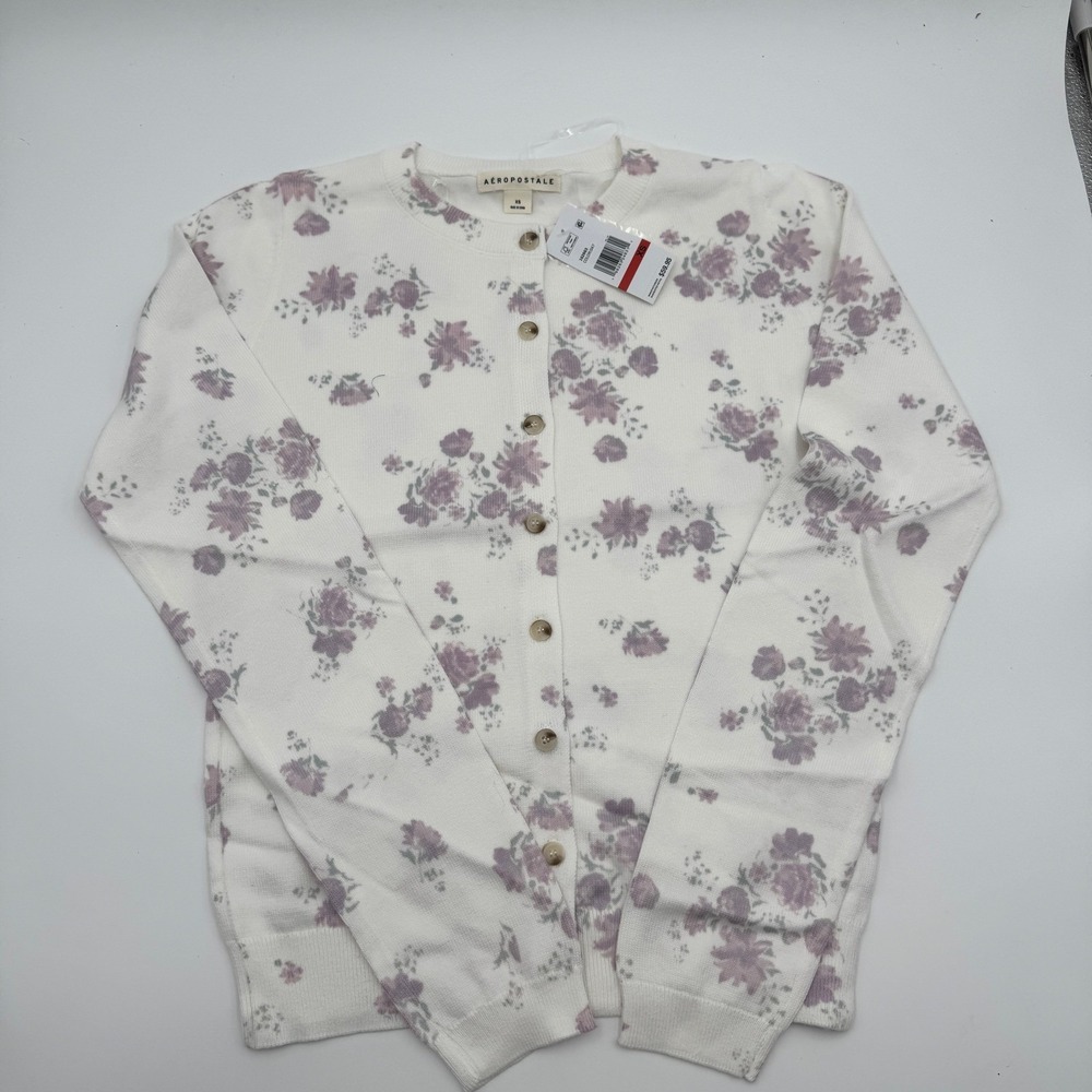 Aeropostale Floral Crew Cardigan Sweater L Ivory Lilac NWT